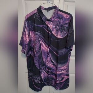 Ouku Shirt Men' XXL Purple Black Abstract Graphic Short Sleeve Button Up Casual